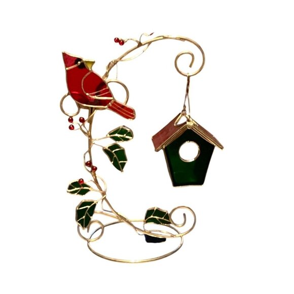 Stained Glass Cardinal & Birdhouse Tabletop Candle Holder - Picture 2 of 3